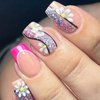 French Tip Press on Nails Medium Square Fake Nails 24Pcs Flower False Nails Spring Summer Daisy with Bling Glitter Design Glue on Nails Glossy Artificial Nails for Women Girls French Manicure Tips