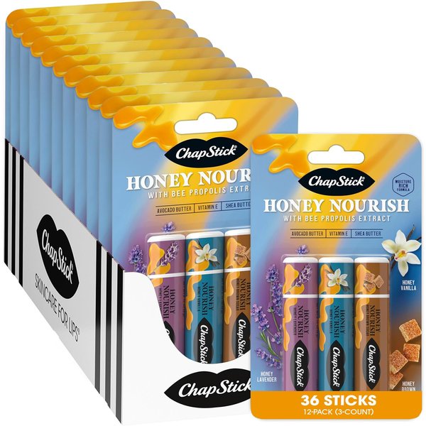 ChapStick Bulk Lip Balm, Honey Nourish 3-Packs (12 Sets/36 Tubes) - Honey Lavender, Honey Vanilla, and Honey Brown Sugar, Moisture-Rich Formulas with Bee Propolis Extract, 0.15 Oz Ea