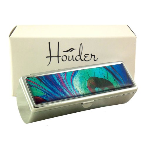 Houder Designer Lipstick Case with Mirror for Purse - Decorative Lipstick Holder with Gift Box - Velvet Lined - Protect Your Lipsticks in Style (Peacock Feather)