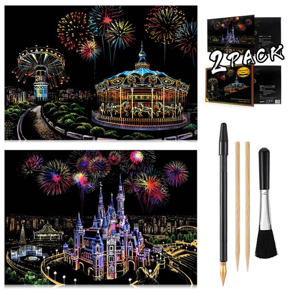 Scratch Art Rainbow Painting Paper, Sketch Pad DIY Night View Scratchboard for Kids & Adults, Engraving Art & Craft Set, Scratch Painting Creative Gift, 16'' x 11.2'' with 3 Tools (Dream Castle)