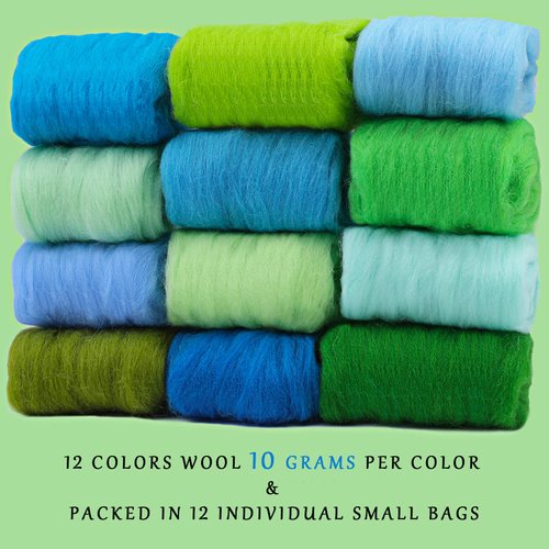 WONVOC Felting Wool, 12 Colors Wool Roving for Needle Felting, 4.23 oz Needle Felting Wool, Wool Roving, Needle Felting Wool Set, Easy to Work, for Needle Felting DIY Wool Crafts, Green