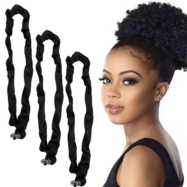 3Pcs Silk Hair Ties Silk Scrunchies for Hair, Adjustable Slip Hair Ties Afro Puff Hair Tie Satin Hair Scrunchies, Long Style Black Hair Ties for Thick Hair Curly Natural Hair Afro Puffs Ponytails