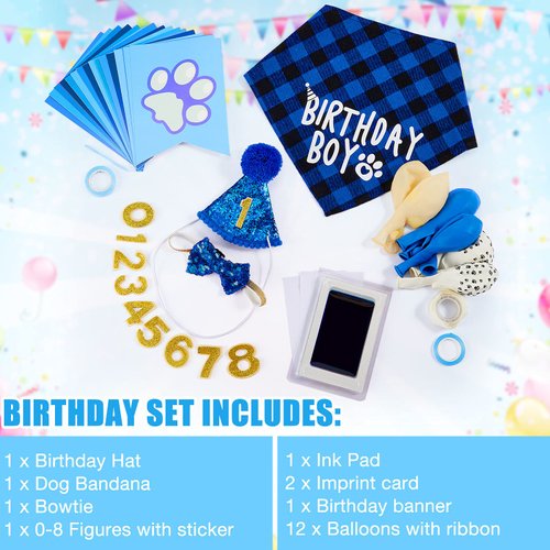 18 Pieces Dog Birthday Party Supplies, Pet Birthday Bandana Dog Bandana Balloon Banner Pet Birthday Hat with 0-8 Figures Touch Ink Pad and Imprint Card Dog Birthday Party Decoration(Blue)