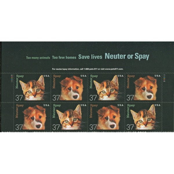 DOG ~ CAT ~ Neuter ~ Spay #3671a Block of 8 x 37¢ US Postage Stamps