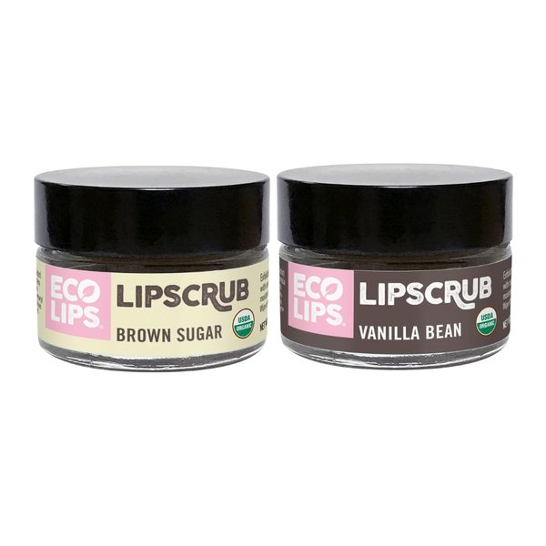 Eco Lips LIP SUGAR SCRUB 2 Pack (2-0.5oz jars) 100% Organic Lip Care Treatment with Organic Sugar & Coconut Oil - Gently Exfoliate & Polish Dry, Flaky Lips, 100% Edible (Vanilla Bean & Brown Sugar)
