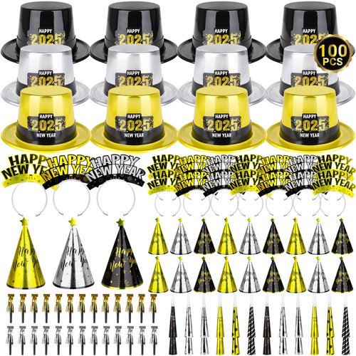 100PCS New Years Party Supplies, 50 People New Years Headband, Plastic Cardboard New Years Party Favors, 2025 New Years Party Hats Shiny Cone Hat Party Horns Fringed Blowouts Gold Silver Black