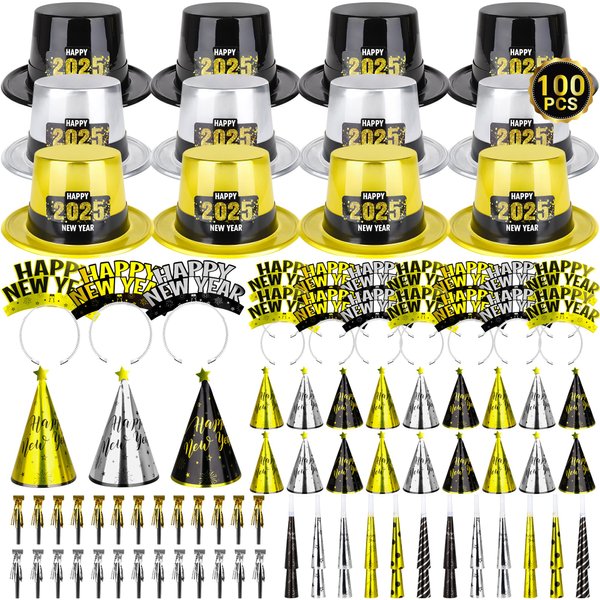 100PCS New Years Party Supplies, 50 People New Years Headband, Plastic Cardboard New Years Party Favors, 2025 New Years Party Hats Shiny Cone Hat Party Horns Fringed Blowouts Gold Silver Black