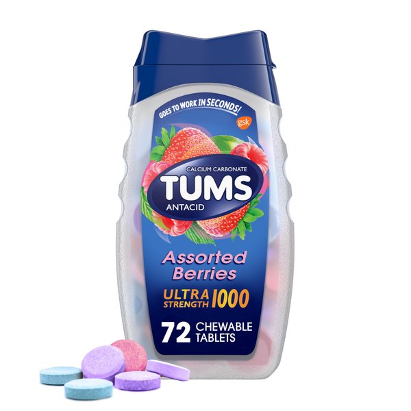 TUMS Ultra Strength Chewable Antacid Tablets for Heartburn Relief and Acid Indigestion Relief, Assorted Berries - 72 Count