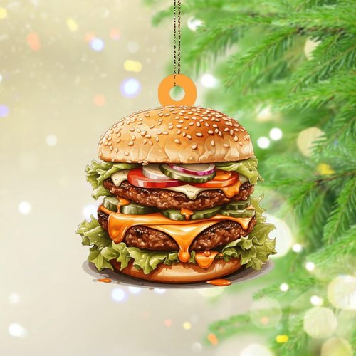 Christmas Ornaments 2024 Cheeseburger Hamburger Acrylic Hanging Ornaments Veggie Burger Vegan Sandwich Souvenir Health Food Bread Baking Keepsake Collectible Gift Tree Decoration Stocking Name Tag