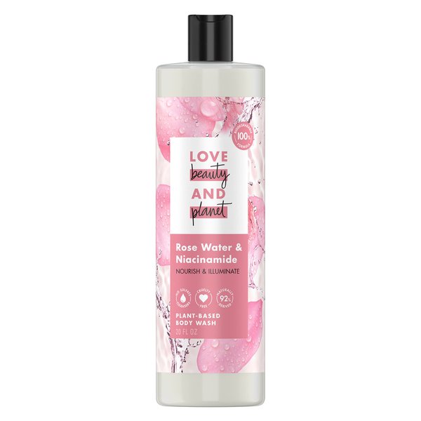 Love Beauty and Planet Plant-Based Body Wash Nourish and Illuminate Skin Rose Water and Niacinamide Made with Plant-Based Cleansers and Skin Care Ingredients, 100% Biodegradable 20 fl oz