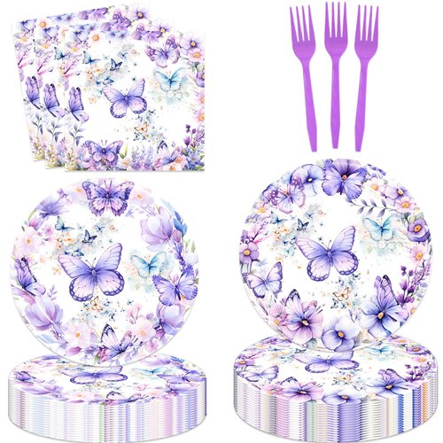 121 Pcs Butterfly Birthday Party Decor Spring Butterfly Paper Plates Napkins Forks Cups Tablecloth Banner Dinnerware for Butterfly Girls Baby Shower 1st 2nd 3rd 4th Bday Party Supplies Decorations