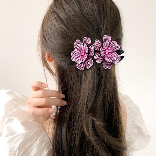 Dizila 4 Pieces Fancy Sparkly Rhinestone Double Flower Hair Clips Barrettes with Three Prongs Prom Party Wedding Hair Accessories for Women Girls Thick Hair