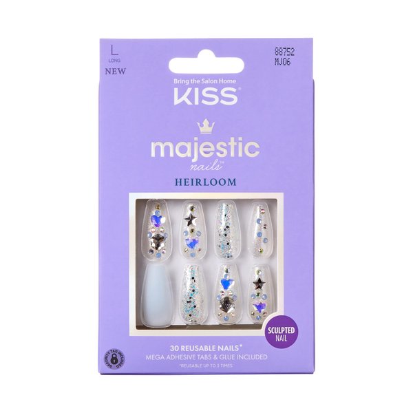 KISS Majestic Press On Nails, Nail glue included, Your Grace', Light Blue, Long Size, Coffin Shape, Includes 30 Nails, 2g glue, 2 Prep Pads, 2 of 24 Adhesive tabs, 2 manicure sticks, Mini file