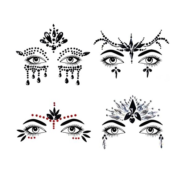 Bowitzki Halloween Face Jewels Festival Design Women Mermaid Face Gems Rhinestone Crystals Stickers Eyes Body Temporary Tattoos (Black-B)