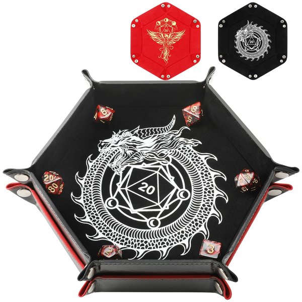 Grajar 2 Pcs Portable Folding Dice Rolling Tray Set for RPG DND Table Games - PU Leather and Velvet Holder Storage Box - Dragon and Phoenix