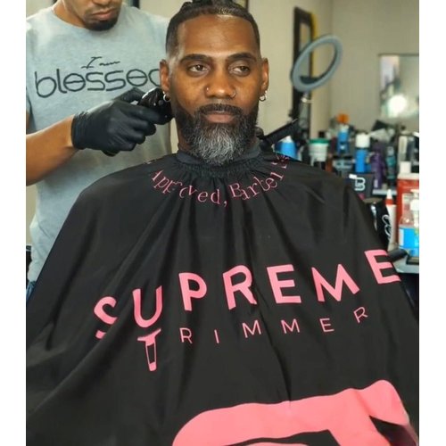 Supreme Trimmer Premium Barber Cape | Professional Hair Style Waterproof Cape; Salon, Barber, or Home Use | Pink Logo