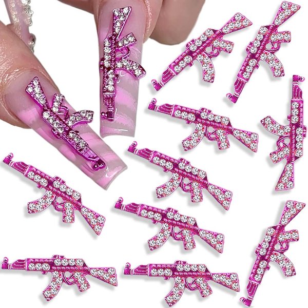 3D Pink Gun Nail Charms,Luxury Diamond Alloy Gun Nail Charm AK Weapon Nail Art Charms Shiny Nail Rhinestones Gun Charms for Nails Guns Nail Jewels for Nail Art Accessories DIY Nail Supplies,10pcs/set