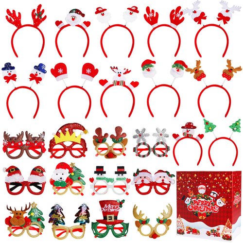 boveeny 24 PCS Christmas Glasses Frames and Headbands, Christmas Party Favors for Kids, Bulk Christmas Classroom Prizes Gifts, Christmas Goodie Bag Stuffers