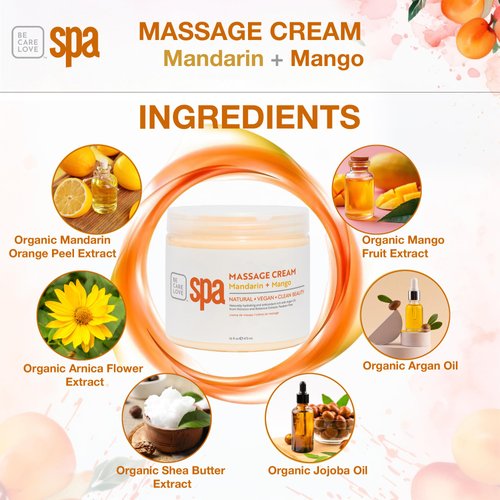 BCL SPA Massage Cream organic Mandarin + Mango body lotion with shea butter, aloe vera, peppermint, argan and jojoba oils, body cream to invigorate, hydrate and soften the skin. Home/Pro use 16 fl oz