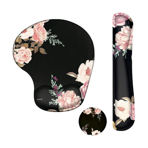 MOSISO Wrist Rest Support for Mouse Pad&Keyboard Set, Curved Peony Ergonomic Mousepad&Coaster Non-Slip Base Home/Office Pain Relief&Easy Typing Cushion with Neoprene Cloth&Raised Memory Foam, Black