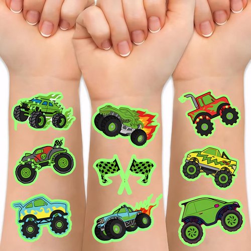 8 Sheets Glow in The Dark Monster Truck Temporary Tattoos for Kids, Hot Wheels Cars Monster Truck Birthday Party Supplies Decorations Luminous Monster Trucks Party Favors for Boys Goodie Bag Fillers
