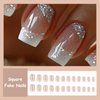 MISUD Press on Nails Short Square Fake Nails Glossy Glue on Nails Nude Ombre Acrylic Nails Squoval Artificial Nails Bling Glitter Stick on False Nails with White French Tip Design 24 pcs