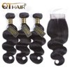 QTHAIR 12A Grade Brazilian Virgin Hair Body Wave 3 Bundles With Lace Closure Unprocessed Human Hair Extensions Weave Natural Color (12 14 14+10 Inch Closure, Middle Part)