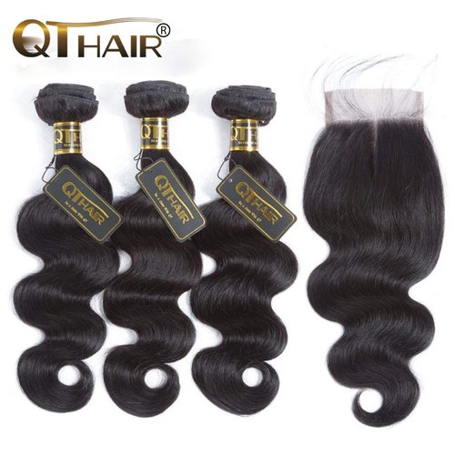 QTHAIR 12A Grade Brazilian Virgin Hair Body Wave 3 Bundles With Lace Closure Unprocessed Human Hair Extensions Weave Natural Color (12 14 14+10 Inch Closure, Middle Part)