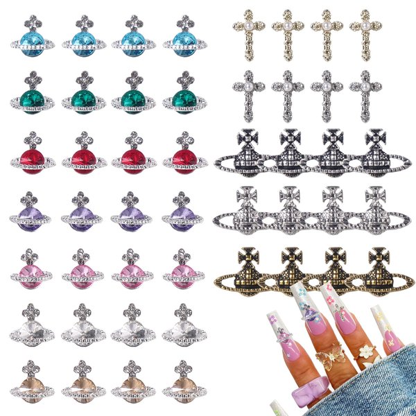 48Pcs Planet Cross Nail Art Charms Mix Color 3D Shiny Saturn-shaped Gold Silver Nail Rhinestones Gems Diamonds for Manicure Jewelry DIY Crafts Accessories