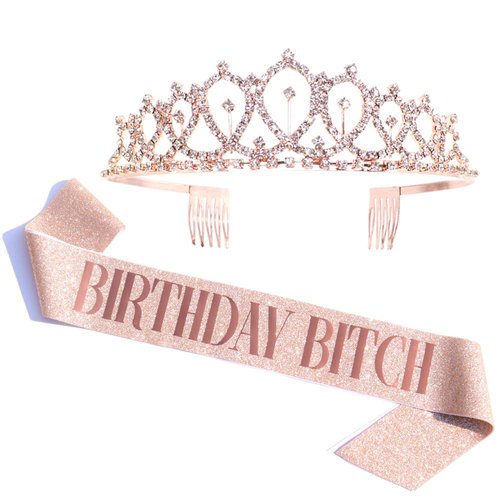 Birthday Bitch Sash & Rhinestone Tiara Kit - Rose Gold Birthday Gifts Glitter Birthday Sash Birthday Party Favors