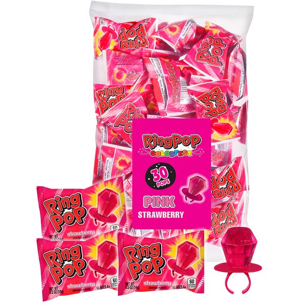 Ring Pop Colorfest Individually Wrapped Pink Strawberry 30 Count Bulk Lollipop Pack - Lollipop Suckers - Fun Candy Bulk For Party Favors, Color Parties, Back to School Treats & Care Packages