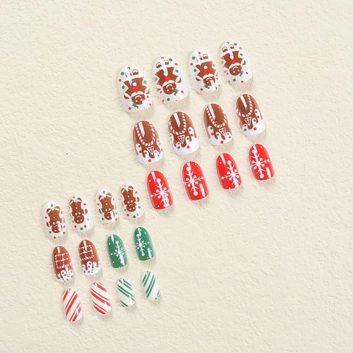 24Pcs Christmas Press on Nails Short Almond Fake Nails Brown False Nails with Snowflake Gingerbread Man Designs Acrylic Nails Full Cover Xmas Glue on Nails for Women Christmas Nails Press on