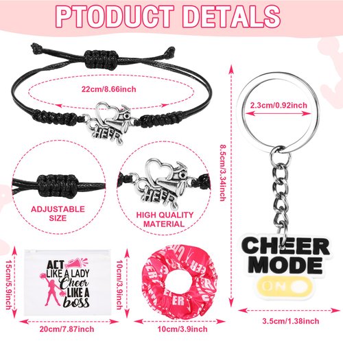 146 Pcs Cheerleader Gifts 24 Cheer Scrunchie 24 Cheer Bracelets 24 Cheer Keychain 24 Zipper Portable Cheer Makeup Bag 50 Waterproof Cheer Stickers for Cheer Team Party Favors Cheerleading Accessories