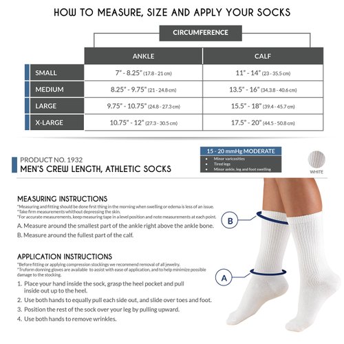 Truform Compression Socks, 15-20 mmHg, Men's Crew Length Mid-Calf Cushion Foot Socks, White, Medium