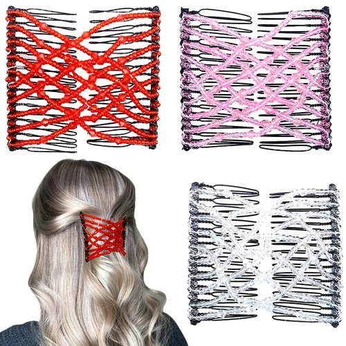3 Pieces Elastic Magic Hair Comb Clips Stretchy Double Comb Hair Forks for Women Girls Vintage Hairstyle Multipurpose Hair Accessories (Bead Style-White Red Pink)