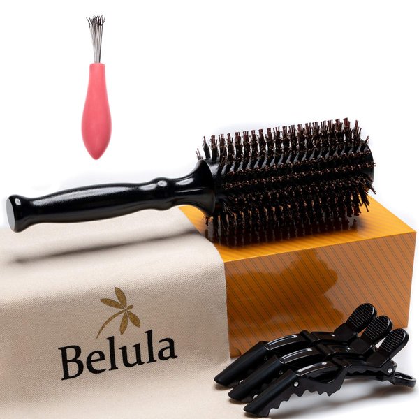 Belula Boar Bristle Round Brush for Blow Drying Set. Round Hair Brush With Small 2" Wooden Barrel. Hairbrush Ideal to Add Volume and Body. Free 3 x Hair Clips & Travel Bag.
