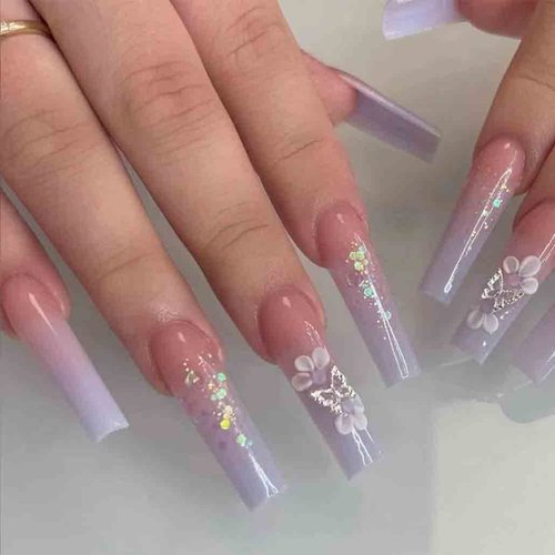 Foccna Purple Fake Nails Sequins Glitter Acrylic Flower Design Artificail Long Press on Nails, Purple Full Cover Fake Nails 3D Butterfly Rhinestone with Design Nail Tips for Women&Girls-24PCS
