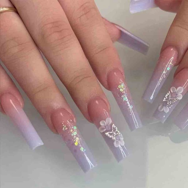Foccna Purple Fake Nails Sequins Glitter Acrylic Flower Design Artificail Long Press on Nails, Purple Full Cover Fake Nails 3D Butterfly Rhinestone with Design Nail Tips for Women&Girls-24PCS