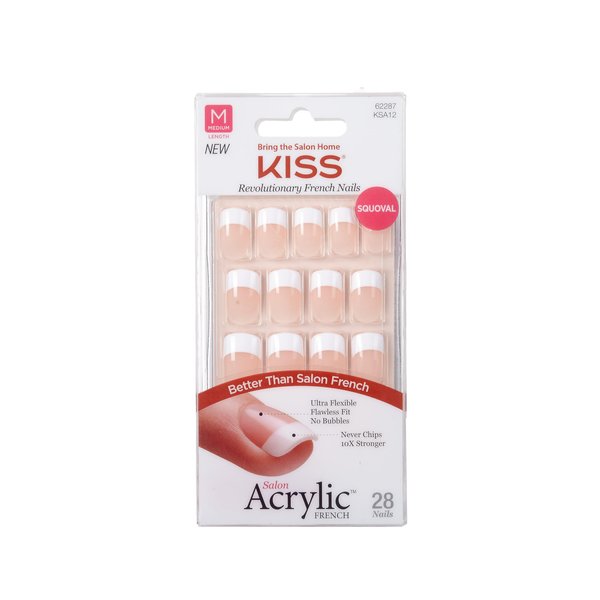 KISS Salon Acrylic, Press-On Nails, Nail glue included, 'Rumour Mill', White, Medium Size, Squoval Shape, Includes 28 Nails, 2g Glue, 1 Manicure Stick, 1 Mini File