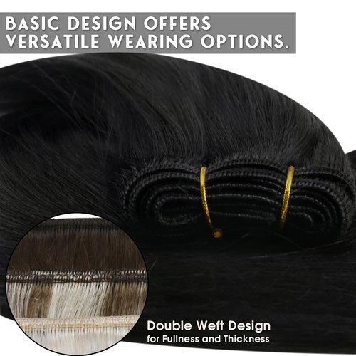 Sunny Black Sew in Hair Extensions 24inch Human Hair Weft Jet Black Hair Extensions Real Human Hair Sew in Black Weft Hair Extensions for Women Add Hair Length 100G