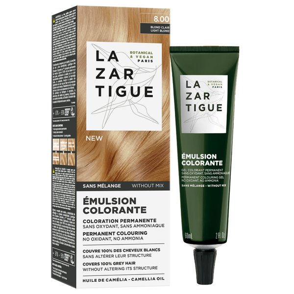 Lazartigue Emulsion Colorante, 8.00 Light Blonde, Ammonia-Free Permanent Hair Color, 100% Grey Coverage, with Camellia Oil, Vegan, 2 fl.oz – No Mix, Ready-to-Use