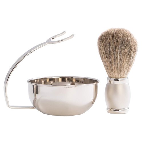 Bey-Berk BB13 Chrome Plated & Satin Finished Soap Dish with Pure Badger Brush, Grey