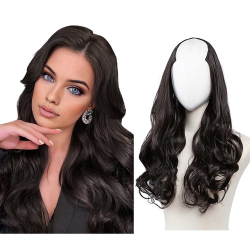 SARLA Clip in U Part Hair Extensions Synthetic Long Wavy Curly Thick Full Head Hairpiece for Women Black Brown 24 Inch