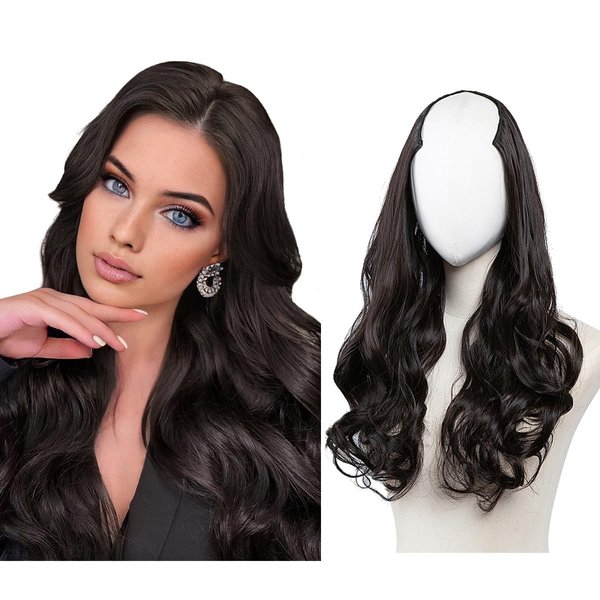 SARLA Clip in U Part Hair Extensions Synthetic Long Wavy Curly Thick Full Head Hairpiece for Women Black Brown 24 Inch