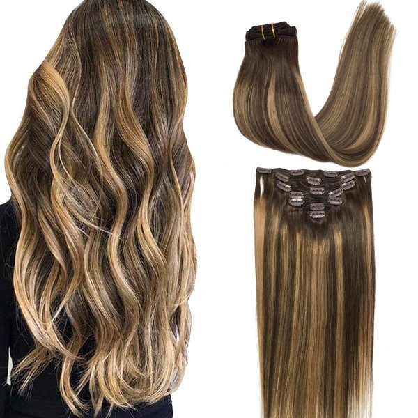 GOO GOO Clip in Hair Extensions Real Human Hair, 14inch 85g 7Pcs, 4/27/4 Balayage Chocolate Brown to Caramel Blonde, Remy Human Hair Extensions Clip ins for Women, Natural Human Hair