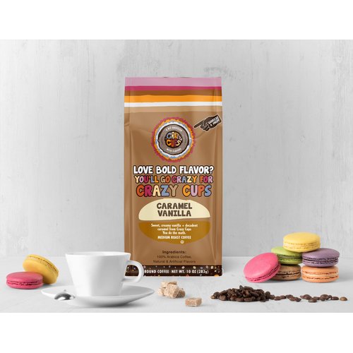 Crazy Cups Flavored Ground Coffee, Caramel Vanilla, in 10 oz Bag, For Brewing Flavored Hot or Iced Coffee