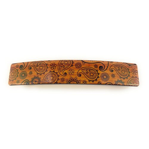 copper Brown Black barrette big rectangle hair clip accessory 4.25 inches long plastic wood paisley grain pattern