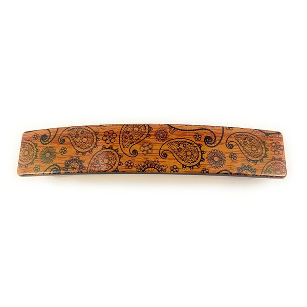 copper Brown Black barrette big rectangle hair clip accessory 4.25 inches long plastic wood paisley grain pattern