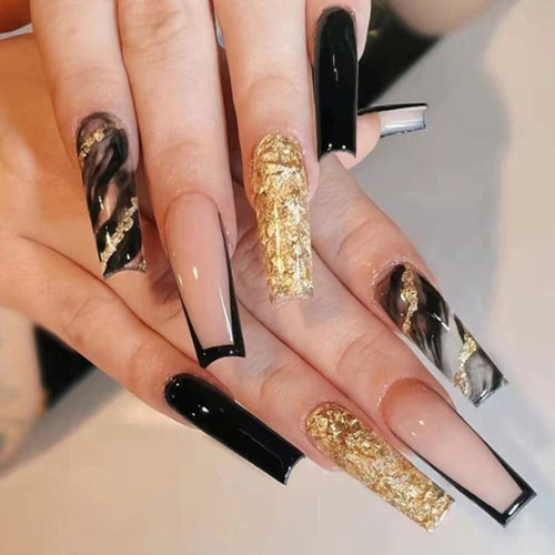 YoYoee Long Coffin False Nails Glitter for nails Press on Nails Black Fake Nails Marble Nails Tips Full Cover Stick on Nails for Women and Girls 24Pcs