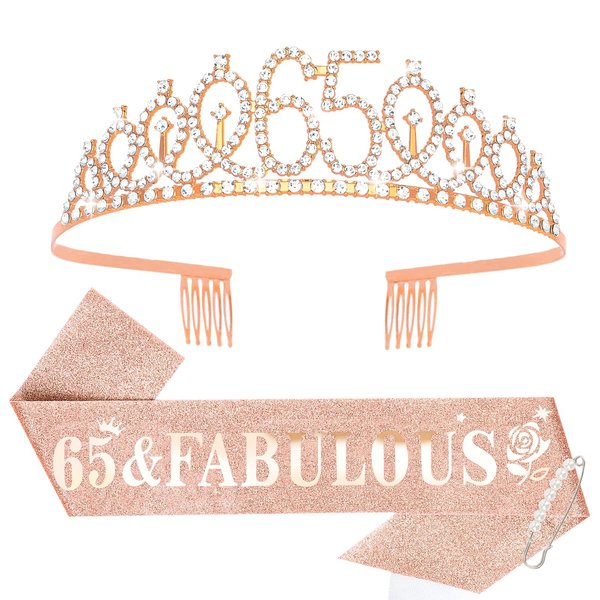 Rose Gold 65th Birthday Sash and Tiara for Women, 65th Birthday Gifts for Women, 75th Birthday Sash and Crown Set, 65th Birthday, Womens 65th Birthday Gifts